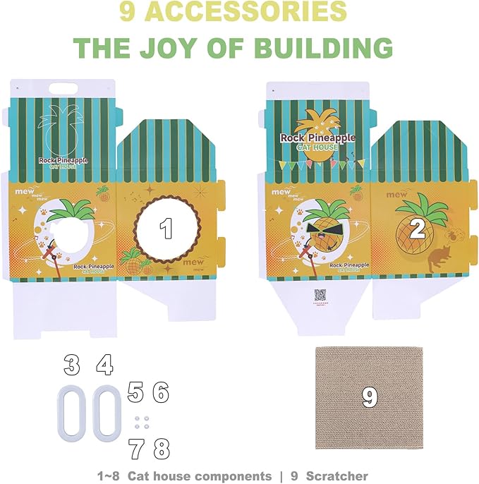 Cardboard Cat House with Scratcher – Yellow Pineapple Milk Carton Design, 22.5''H x 13''L x 13''W, Indoor Cat Playhouse & Hideout for Cats up to 16 lbs, Portable Handle, Corrugated Scratch Pad