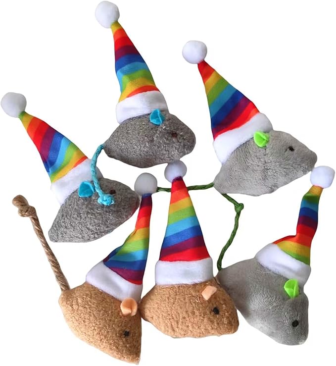Christmas Catnip Cat Mice Toys with Rainbow Santa Hats Interactive Cat Toys for Indoor Cats Kittens, Christmas Thanksgiving Cat Toy Gift, 6-Pack