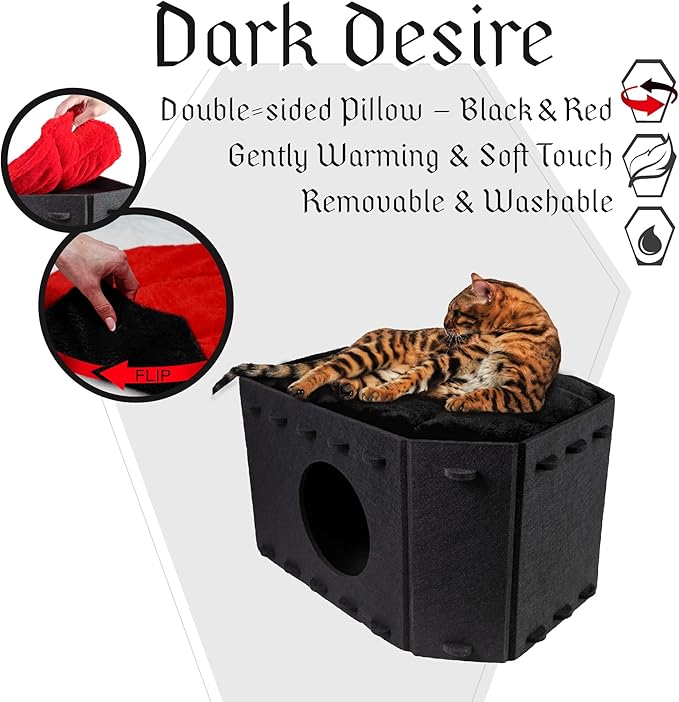 Gothic Cat Bed for Indoor Cats or Pets, Foldable as Halloween Cat House with Soft Cushion for Goth Bed, Gothic Cat House, Coffin Shape Cat Cave Bed, Black and Red Color Halloween Cat Bed