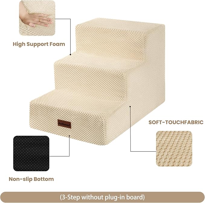 Aodisman Dog Stairs for Small Dogs & Cats, 3-Step Extra Wide Non-Slip Pet Steps for Couch Sofa and Chair, Beige, 15.7" H