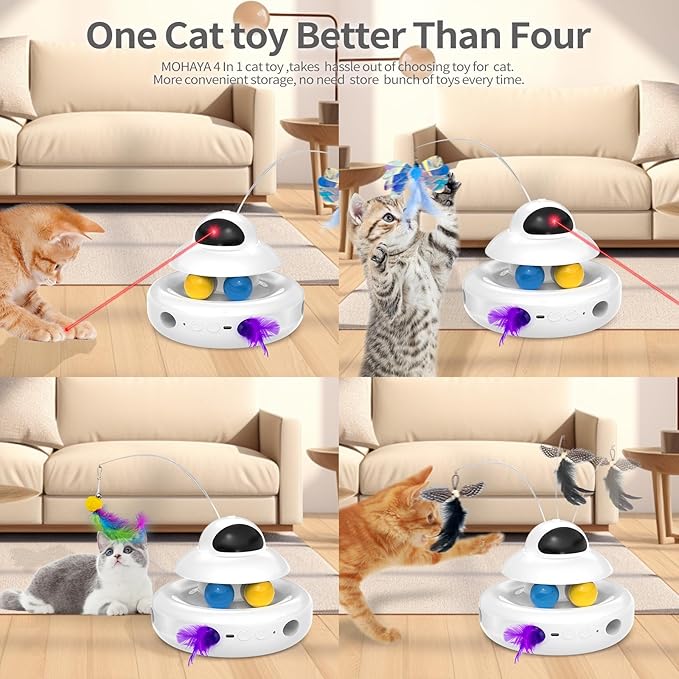 MOHAYA Cat Toys，4-in-1 Interactive Cat Toy for Indoor Cats with Laser, Fluttering Butterfly, Moving Feather and Track Balls - USB Rechargeable Self-Play Kitten Toy (White)