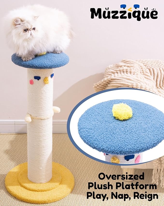Cute Cat Scratching Post, 31 inch Very Tall Thicker Scratch Post w/Perch Bed, Full Strectch for Indoor Cats, Adult/Kitten/Kitty Sisal Rope Scratcher, Large Play Toy Stand, Adjustable Height Furniture