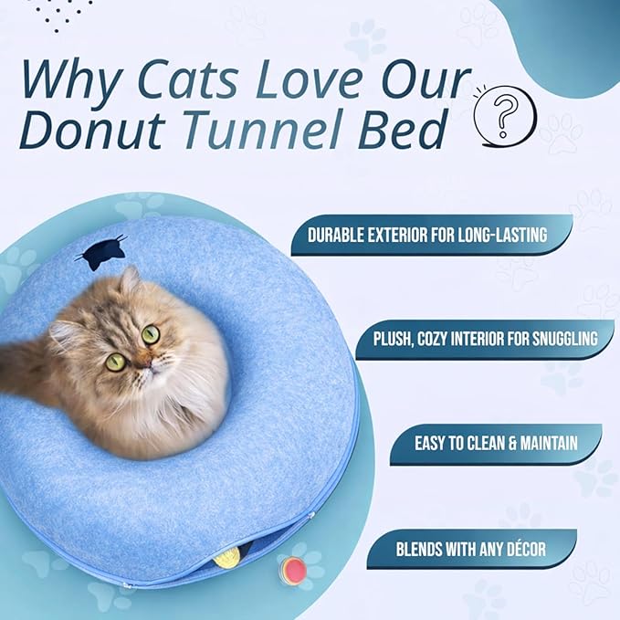 MeowMates Peekaboo Cat Cave Donut Bed for Multiple Cats Upto 45lbs, 3-in-1 Large Cat Tunnel & Donut Bed Combo w Round Tunnel Scratcher for Indoor Cats, Hanging Toy, Washable & Detachable