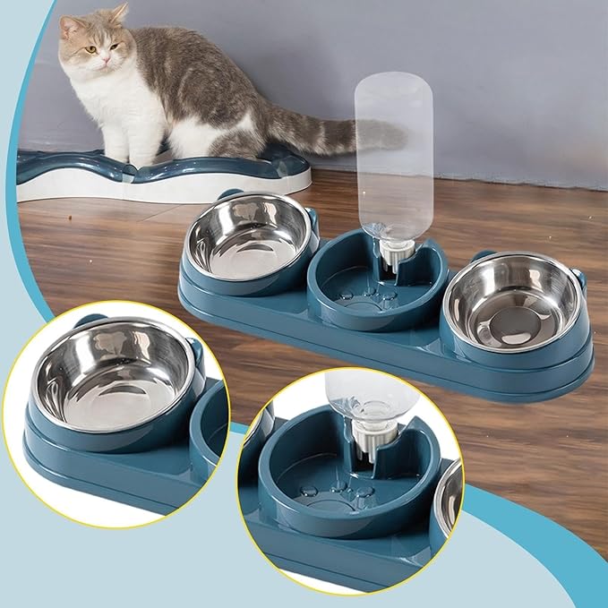 Elevated Double Bowl Pet Feeders with Automatic Water Dispenser Antislip Base for Dog Cats Daily Feeding Watering Supply