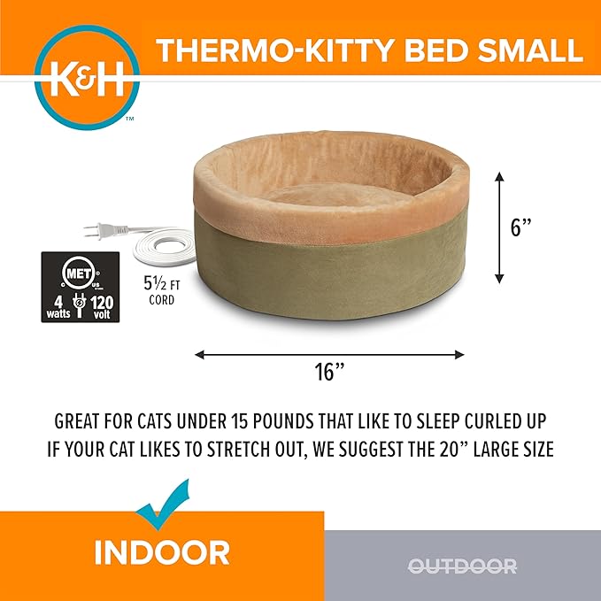 K&H Pet Products Heated Cat Bed for Indoor Cats, Dogs, and Pets - Round Walled Thermo-Kitty Bed with Removable Waterproof Cat Heating Pad, Machine Washable, MET Safety Listed - Small 16" Sage