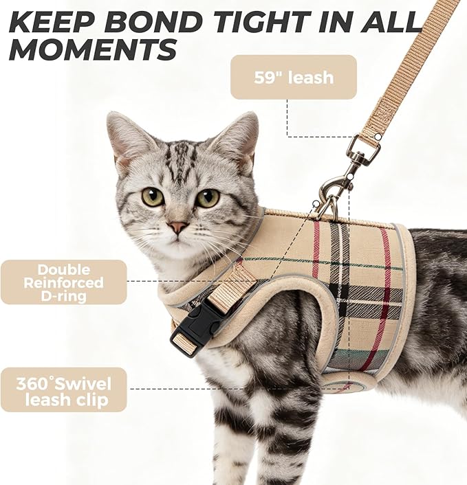 BINGPET Cat Harness and Leash Escape Proof - Soft and Air-Mesh Kitten Travel Walking Harness - Vest Harness for Small Medium Large Cats & Puppy Dog & Rabbit