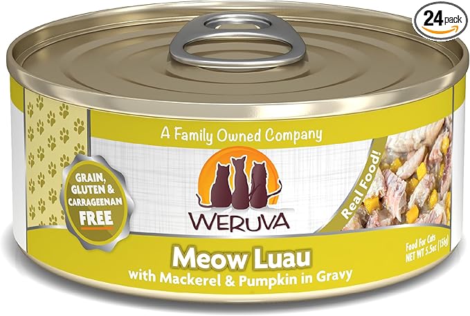 Weruva Classic Cat Food, Meow Luau with Mackerel & Pumpkin in Gravy, 5.5oz Can (Pack of 24)
