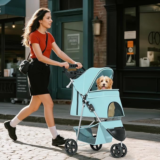 Cat Dog Stroller,3-Wheels Pet Stroller for Medium/Puppy Dogs 30 Lbs, with Storage Basket and Cup Holder, Breathable Mesh Mint
