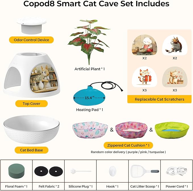 Copod8 Cat Beds for Indoor Cats 4-in-1 Cat Bed Cave Kitten House with Replaceable Scratching Board, Heating Pad, Air Purifier and Artificial Plant for Cats Rabbits Guinea Pigs Small Dogs (White)