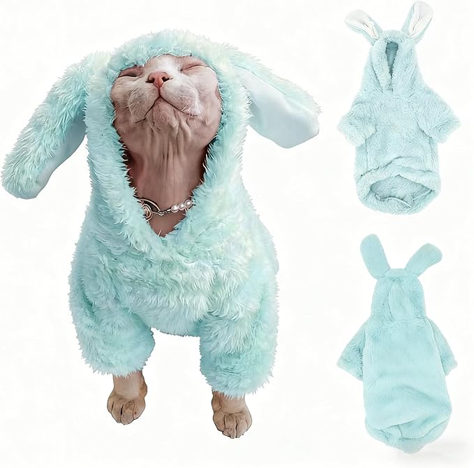 Stretchy Fuzzy 2-Leg Cat Hoodie Pajamas for Sphynx,Soft Fluffy Loungewear with Bunny Ears, Cozy Home Clothes for Hairless Cats, Winter Warm Outfit Sweater (Blue, S (2-3.5 lbs))