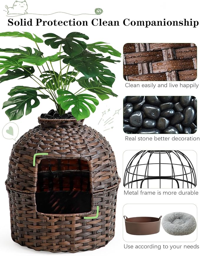 SETVSON Cat Litter Box Plant Furniture Enclosure, Hidden Handwoven Rattan with Cat Litter Box and Artificial Plants, Odor Control Filter, Real Stones in Living Room, Bedroom, Corner (Brown)
