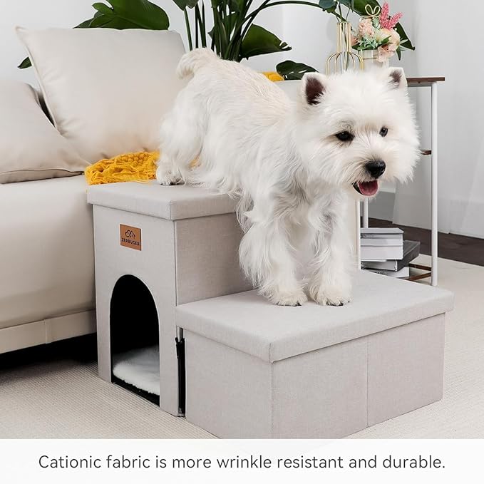 Zerbuger Dog Stairs with Condo 15" H, 2-Step Wider Dog Steps for Small/Medium/Large Old Dogs Cats, Folding Sturdy Storage Pet Stairs Climbing Bed Couch, Ramp for Car Hold Up to 150 lbs, Beige