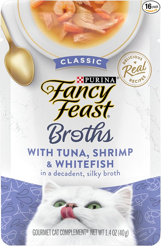 Purina Fancy Feast Broths Classic Cat Food Topper With Tuna, Shrimp, and Whitefish - (Pack of 16) 1.4 oz. Pouches