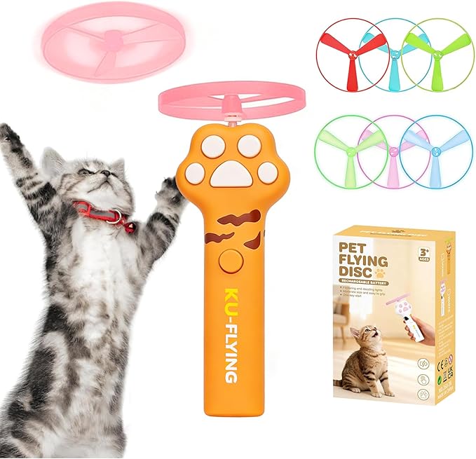 Cat Flying Disc Launcher Toy,Disc Launcher Rechargeable with 6 Flying Discs (3 Glow),Outdoor Toys to Help Pets Lose Weight and Exercise