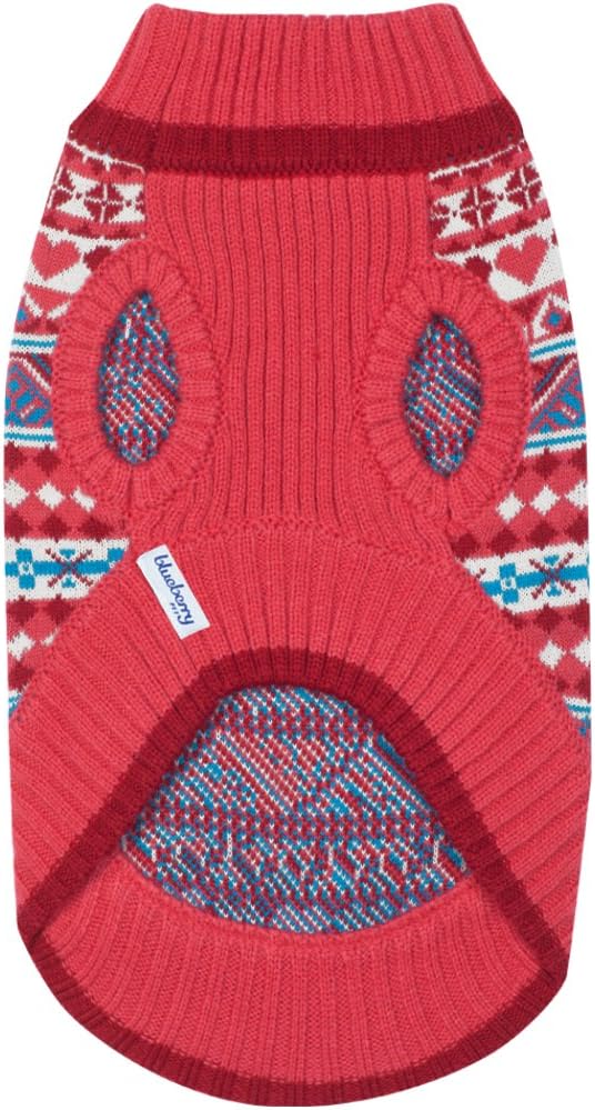 Blueberry Pet Fair Isle Style Sugar Coral Pullover Dog Sweater with Heart, Back Length 12", Pack of 1 Clothes for Dogs