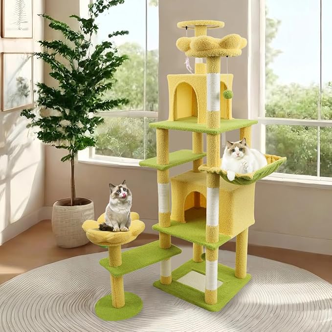 71" Flower Cute Cat Tree for Indoor Cats Large Adult, Tall Cat Tower with Scratching Post & Condo, Hammock, Aesthetic Cats Stand, Modern, Easy Assembly (Yellow, 71" Tall)