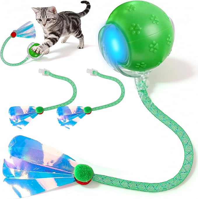 Rocfish Cat Toys, Cat Toys for Indoor Cats, Cat Toys Interactive, 360° Rotating Automatic Interactive Cat Ball, Smart Activation, LED Light, Type-C Rechargeable, 3 Replaceable Dragonfly Tails (Green)