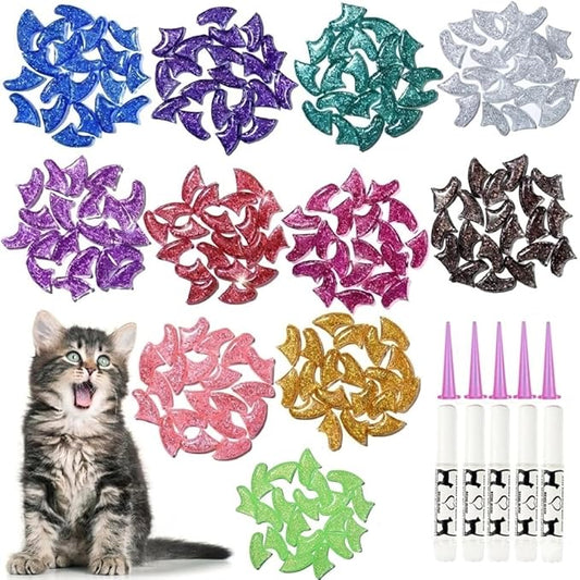 100 pcs Cat Nail Caps | Cat Claw Covers with Adhesives and Applicators | 5X Different Glitter Colors (L)