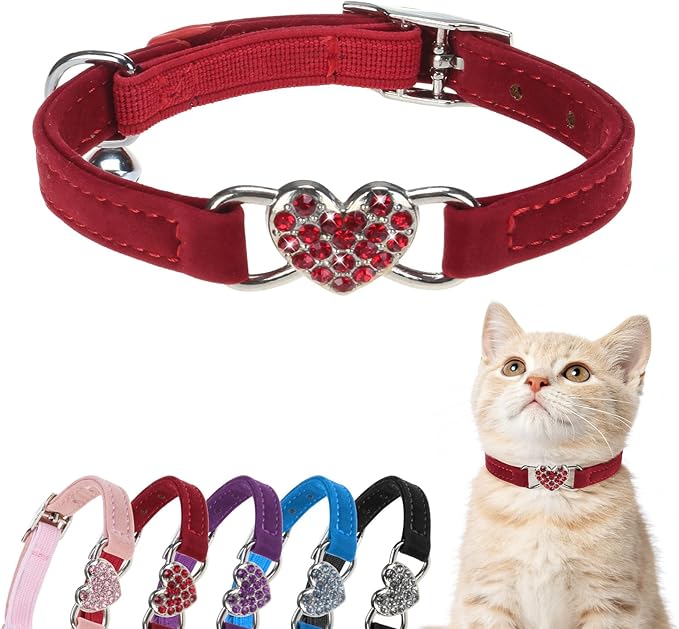 BINGPET Diamond Cat Collar,Adjustable Soft Velvet Leather Safe Kitten Collar with Crystal Heart Charm and Bells,Girl Boy Bling Stylish Cat Collars with Safety Elastic (Red, Neck Girth 8"-10"