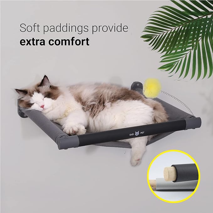 SVD.PET Cat Hammock Wall Mounted with Toy, Soft Padded & Comfortable Cover Premium Wall Furniture. Modern Design Cat Shelf. Supports up to 40 lbs (Comfy Plus, Dark Grey)