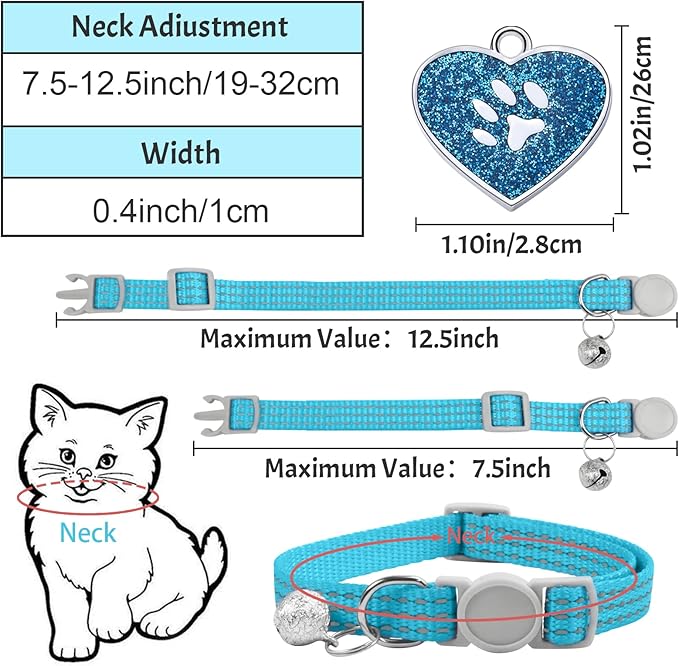 CAMAL Reflective Cat Collar with Name Tag, Personalized Cat Collar Breakaway with Bell, Customized Cat Collar Adjustable for Girls & Boys