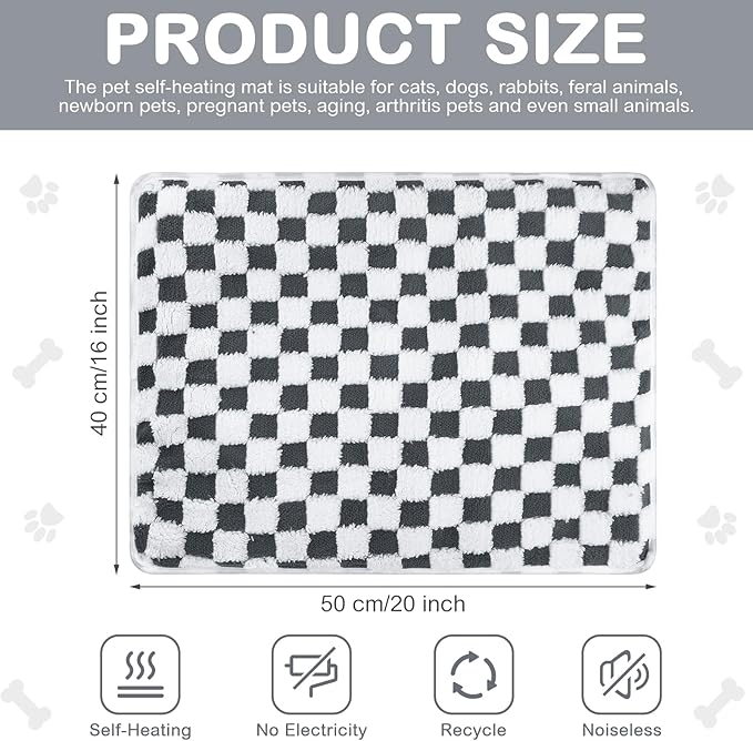 HunnmingRe 2 Pack Self Warming Cat Bed Self Heating Dog Pad Cat Warming Pad Thermal Pet Mat Washable Reflect Body Heat Removable Cover for Indoor Kittens Puppies (Grey White Plaid,16 x 20 Inch)