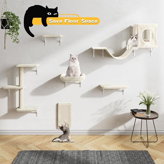 NUNU LAB Wall Mounted Cat Climber Set, 6 Pcs Cat Furniture Set with House, Bridge, Steps, Scratcher Board and Hammock, Shelves for Indoor, Luxury Walls Furniture, White