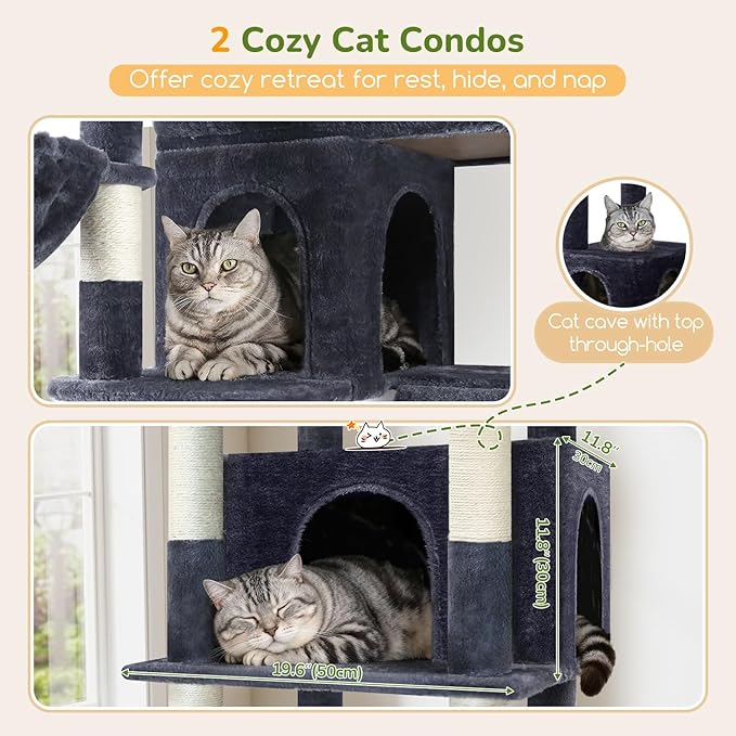 Globlazer Extra Large Cat Tree Tower 80inch XXL Tall Cat Tree for Multiple Indoor Cats Large Adult Kittens with Scratching Posts, 2 Widened Perches, Adjustable Baskets, 2 Cozy Condos, S80G, Dark Grey