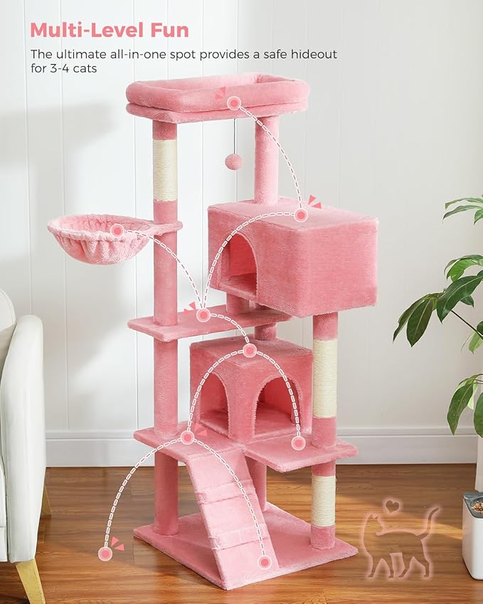 MUTTROS Pink Cat Tree for Large Cats with Super Large Top Perch,56.2" Multi-Level Tower for Indoor Cats with Hammock, Cat Shelves with Scratching Posts and 2 Condos Houses, Pink