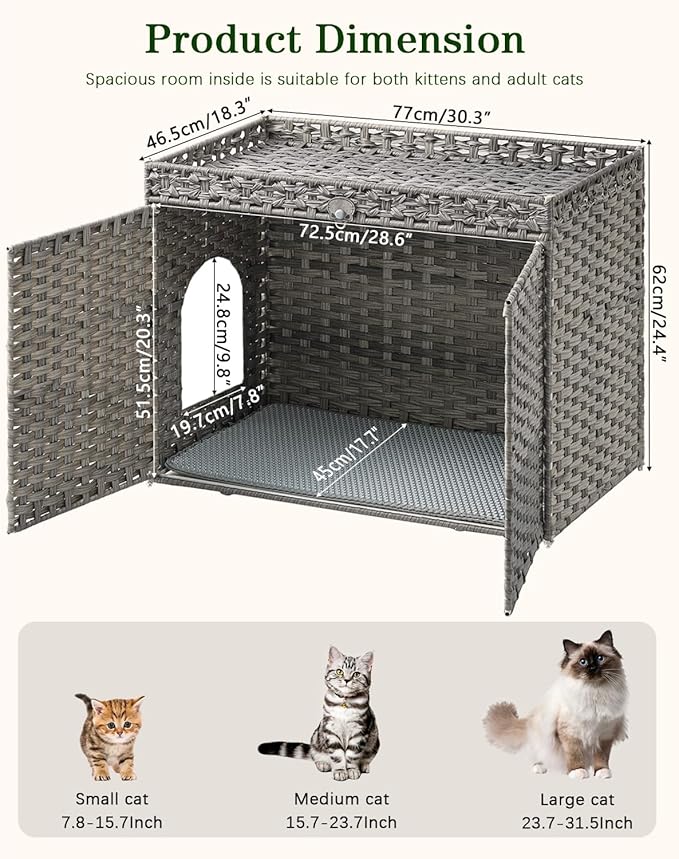 SETVSON Cat Litter Box Enclosure Furniture, Handwoven Rattan Hidden Litter Box with Mat, Large Space Cat House with 2 S-Shaped Hooks 30.3 x 18.3 x 24.4 Inches, Indoor for Living Room Apartment Gray