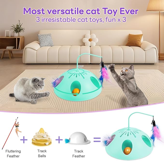 Cat Toys, Interactive Cat Toy for Indoor Cats, Automatic Interactive Kitten Toy, Fluttering Feather, Track Balls, Rotating Track Feather Enrichment Kitty Toys for Multi-cat Family (Green)