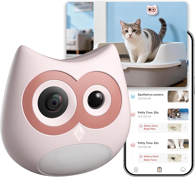 Litter Box Camera – AI Cat Health Monitoring, Records Toileting Behavior, UTI/Diarrhea Abnormal Alerts, Fits Automatic & Standard Litter Boxes, Multi-Cat Support, Night Mode Cat Cam (Pink)