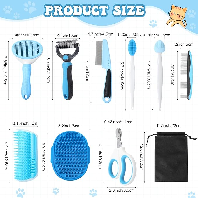 Teenyyou Cats Grooming Kit - 10 Pcs Pet Self Cleaning Kit for Indoor Long Hair Cats Include Brush Bath Brush Needle Comb Toothbrush Nail Clipper Nail Trimmer for Shedding Supplies