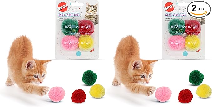 SPOT Wool Pom Poms Cat Toy - Interactive Wool Balls Cat Toy with Catnip for Cats and Kittens to Bite, Swat and Chase - 1.5 inch, 4 pcs (Pack of 2)