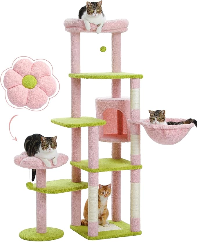 MUTTROS 59" Flower Cat Tree, Tall Cat Tree for Large Cat, Multi-Level Cat Tower, Cute Cat Tree for Indoor Cats, Cat Condo with Large Hammock, Scratching Post, and 2 Perches, Pink