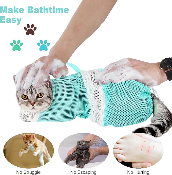 Cat Bathing Bag - Adjustable Cat Washing Net Anti-bite & Anti-Scratch Cat Shower Restraint Bag, Breathable Mesh Cat Grooming Bag for Bath, Nail Trimming & Injection