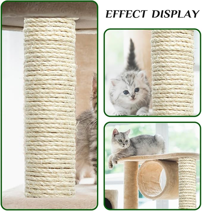 Natural Sisal Rope 1/4 Inch 6mm 98-Feet for Cat Scratching Post Tree Tower Replacement Repair and Replace, DIY Hemp Twine Rope for Cat Scratching Furniture Window Perch and Crafts Gardening