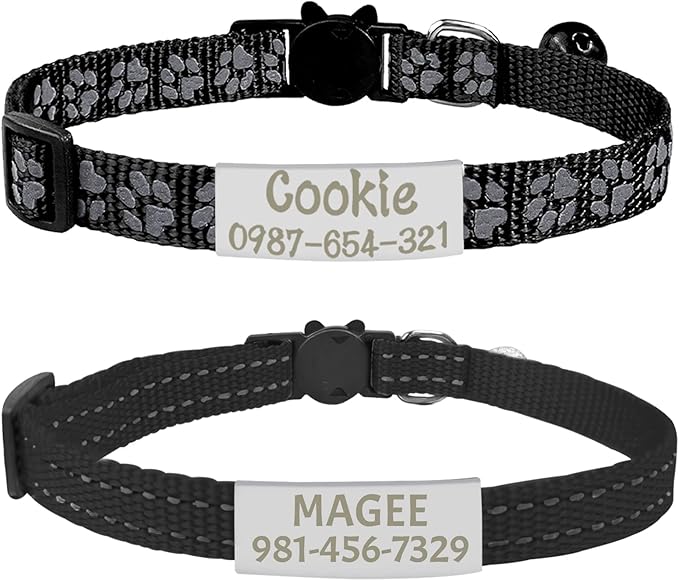 CAMAL 2 Pack Reflective Cat Collar Personalized, Custom Breakaway Cat Collar with Stainless Steel Pet ID Tag, Adjustable Cat Collars with Name and Phone Number for Cat Kitten Puppy