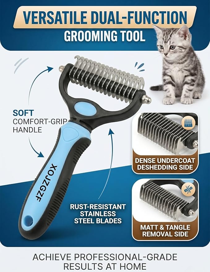 Professional Deshedding Tool for Dogs & Cats, Pet Pro Grooming Tools, Indoor Cat Double-Sided Brush Rake, Pets Hair Remover Shedding, Long Haired Dog Brushes, Undercoat Combs Supplies(Green-L)