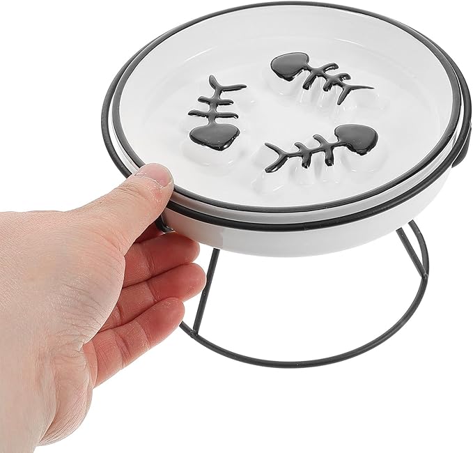 Ceramic Slow Feeder Cat Bowl Elevated Feeding Station with Stand Black Three-Fish Design Anti-Choke Whisker-Friendly Slow Eating Dish for Indoor Cats and Small Dogs
