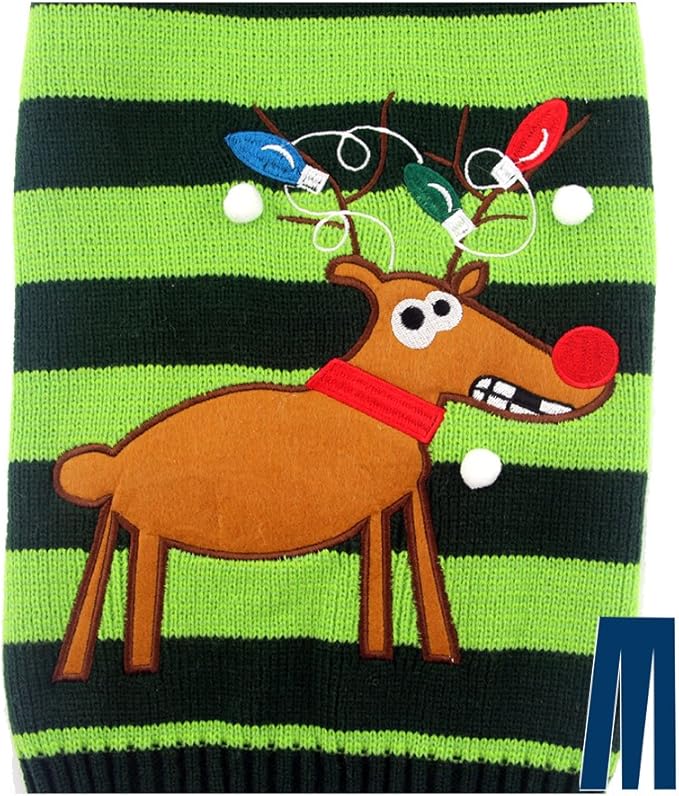 Mikayoo pet Sweater for Small Dog/cat,Ugly Sweater,Color Horizontal Stripes,Christmas Holiday Xmas, Elk Series, Reindeer Series,with Lights and Snowball(S)