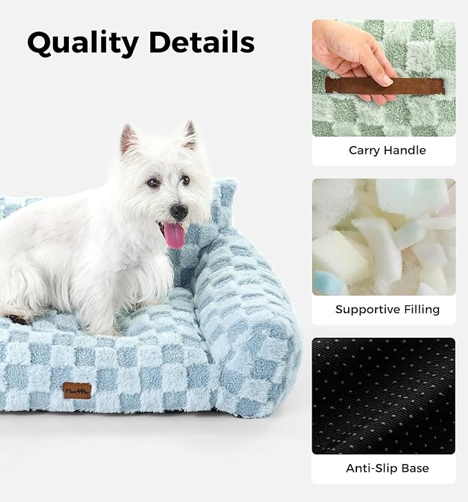 Made4Pets Cat and Dog Indoor Couch Bed, Soft Faux Fur Checkered Pet Sofa, Cozy Fluffy Pet Sofa with Supportive Foam, Removable Washable Cover with Non-Slip Base, Sky Blue, Medium