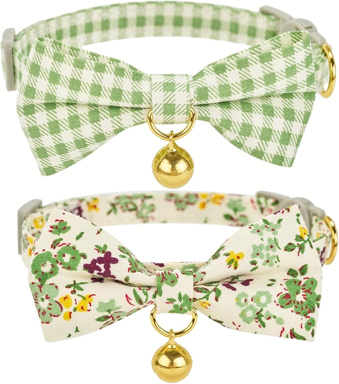 2 Pack Cute Cat Collar with Bow Tie & Bell, Adjustable Green Floral/Gingham Check Kitten Collars with Safety Breakaway Buckle for Cats & Small Dogs(GN Fl+Plaid)