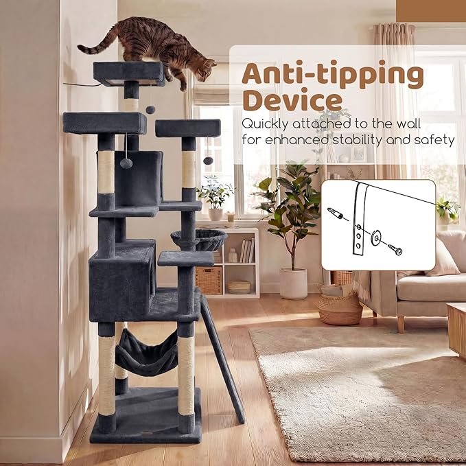 DORTALA Multi-Level Cat Tree, 65" Tall Cat Tower with 3 Plush Perch, 2 Condos, Basket Bed, Sisal Scratching Posts & Board, Hanging Pompoms, Indoor Pet Climbing Furniture (Dark Grey)