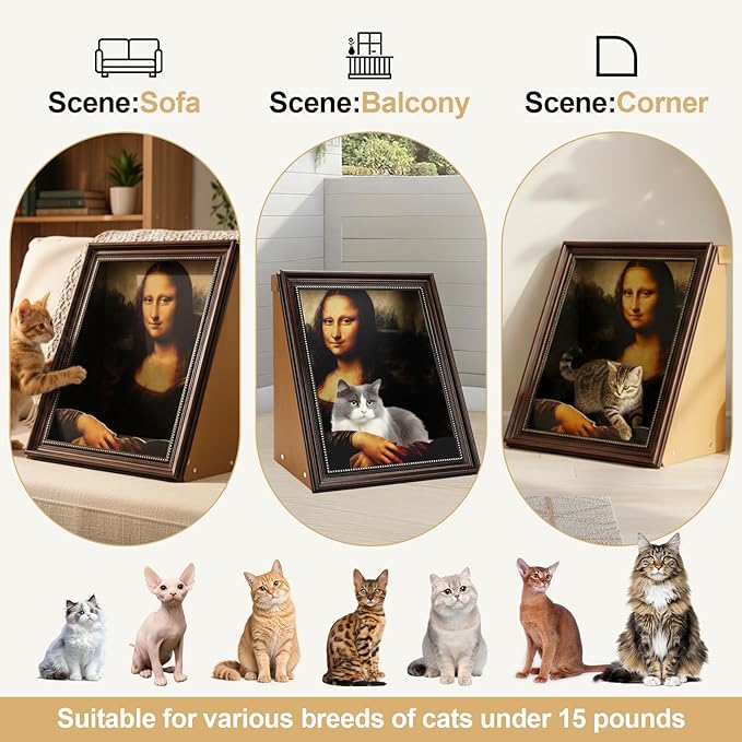 Mona Lisa Cat Bed - 4D Oil Painting Art Cat Scratcher for Indoor Cats, Half-Surround & Armrest Design, Cardboard Cat House, Novelty Gift for Cat Pawrents