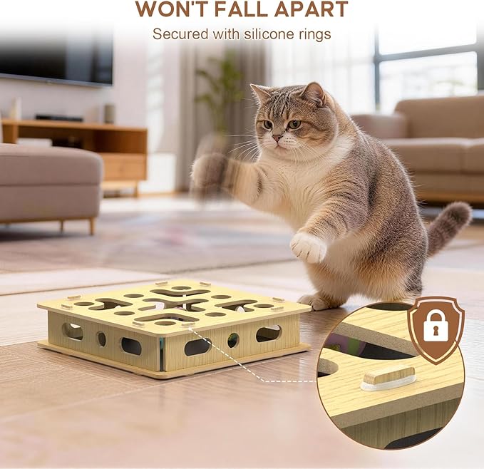 Cat Nail File Scratcher Box with 5 Sandpaper Pads & 4 Bell Balls, EIODEAR Sturdy Wood Cat Nail Scratcher to File Nails, Cat Toy Filer Toy for Treat-Motivated Cats, Included Silicone Security Rings
