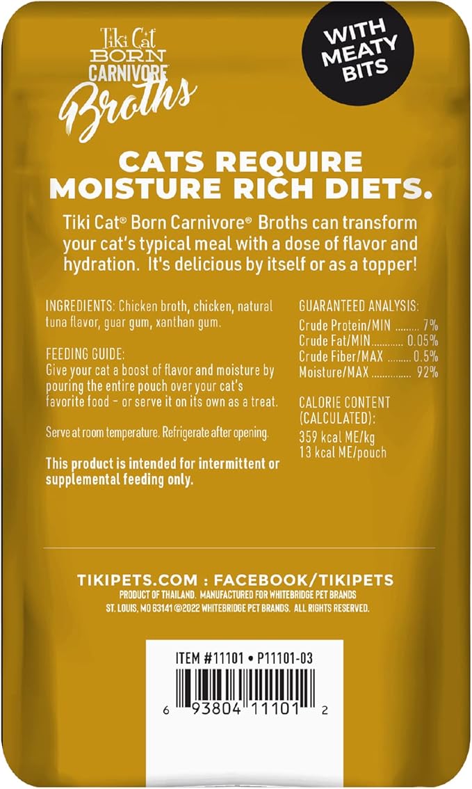 Tiki Cat Born Carnivore Broths Wet Cat Food Topper, Chicken, 1.3 oz. Pouch (12 Count)
