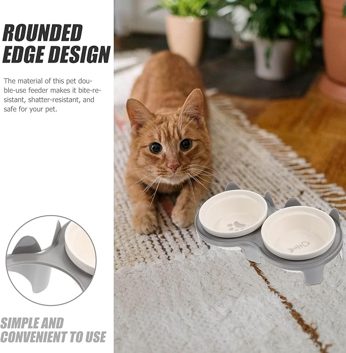 Ceramic Cat Bowl Elevated Double Dish Set with Thick Gray Ceramic and Sturdy Gray Stand, Angled Whisker-Friendly Feeding and Watering Station for Indoor Cats and Kittens