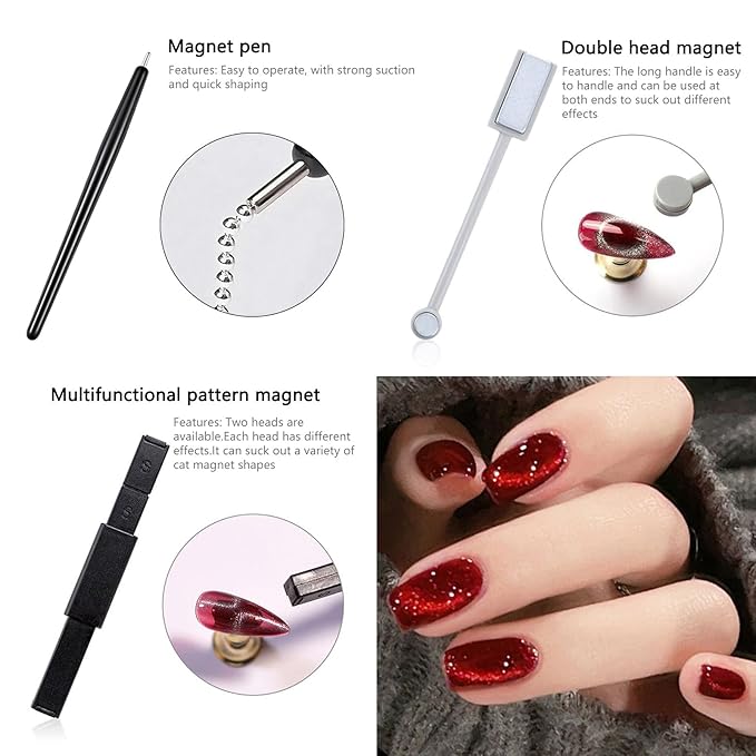 BORN PRETTY Nail Magnet Set,7Pcs Cat Magnetic Eye Gel Nail Polish Magnet Tools Powerful Set Wand Magnet Nails Polish Square Round Magnet Stick Double Ended Nail Salon Art Design Tools