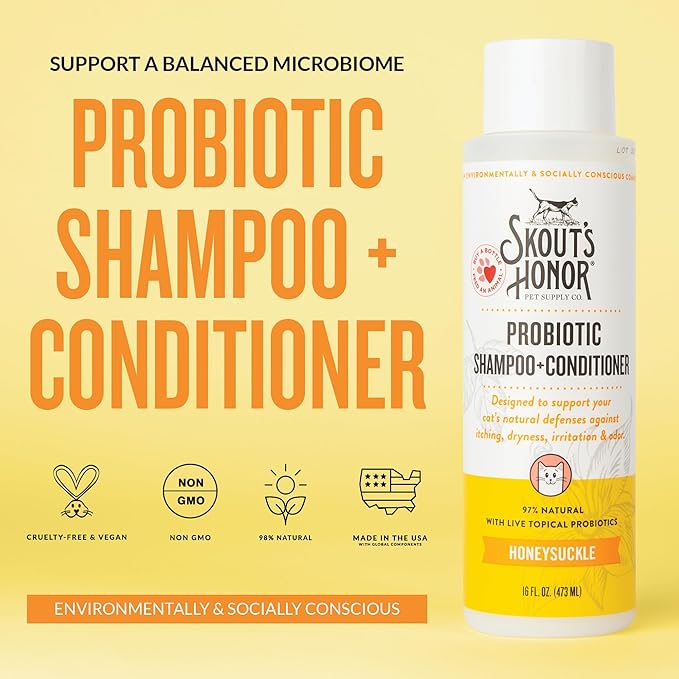 SKOUT'S HONOR Probiotic Cat Shampoo & Conditioner with Avocado Oil & Omega-3s, 97% Natural, Paraben & Sulfate-Free, Cruelty-Free, Defend Against Itch, Dryness, Irritation, 16oz, Honeysuckle
